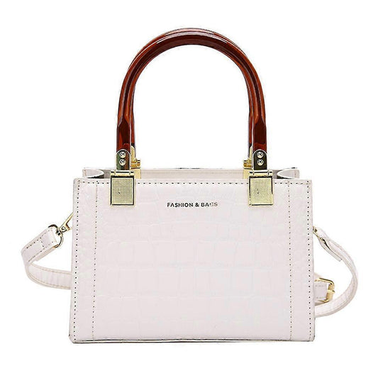 White PU leather messenger tote bag with top handles, gold hardware, front logo