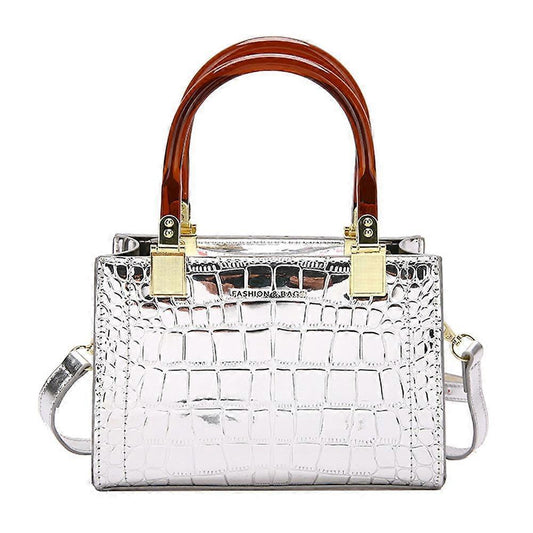 White croc-texture PU leather messenger tote bag with top handles and gold clasp
