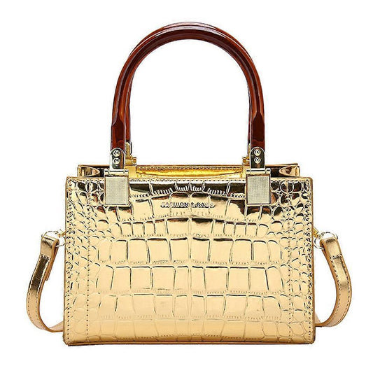 Women’s retro PU leather messenger bag in gold with croc-embossed texture, top handles and strap