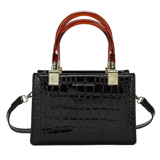 Women's retro PU leather messenger bag, black croc-embossed, top handles and shoulder strap