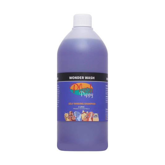 Plush Puppy Wonder Wash self-rinsing shampoo bottle with white cap, purple liquid