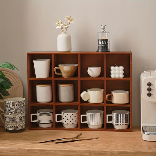 Wood cup organizer cabinet with open grid shelves for mugs and cups
