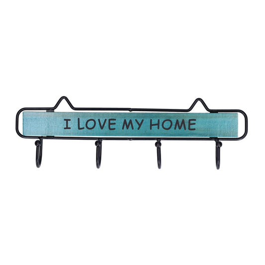 Wall-mounted coat rack with blue sign board and four black hooks, "I LOVE MY HOME"