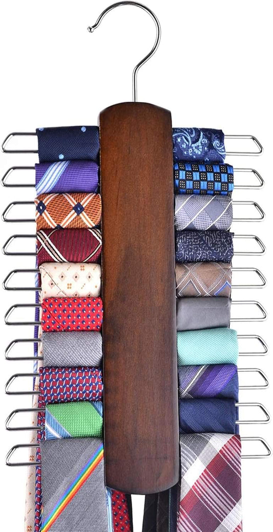 Wood belt and scarf hanger with walnut wood bar and folded ties on metal prongs