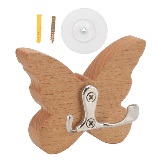 Wooden butterfly wall hook with chrome double coat hooks and mounting plate