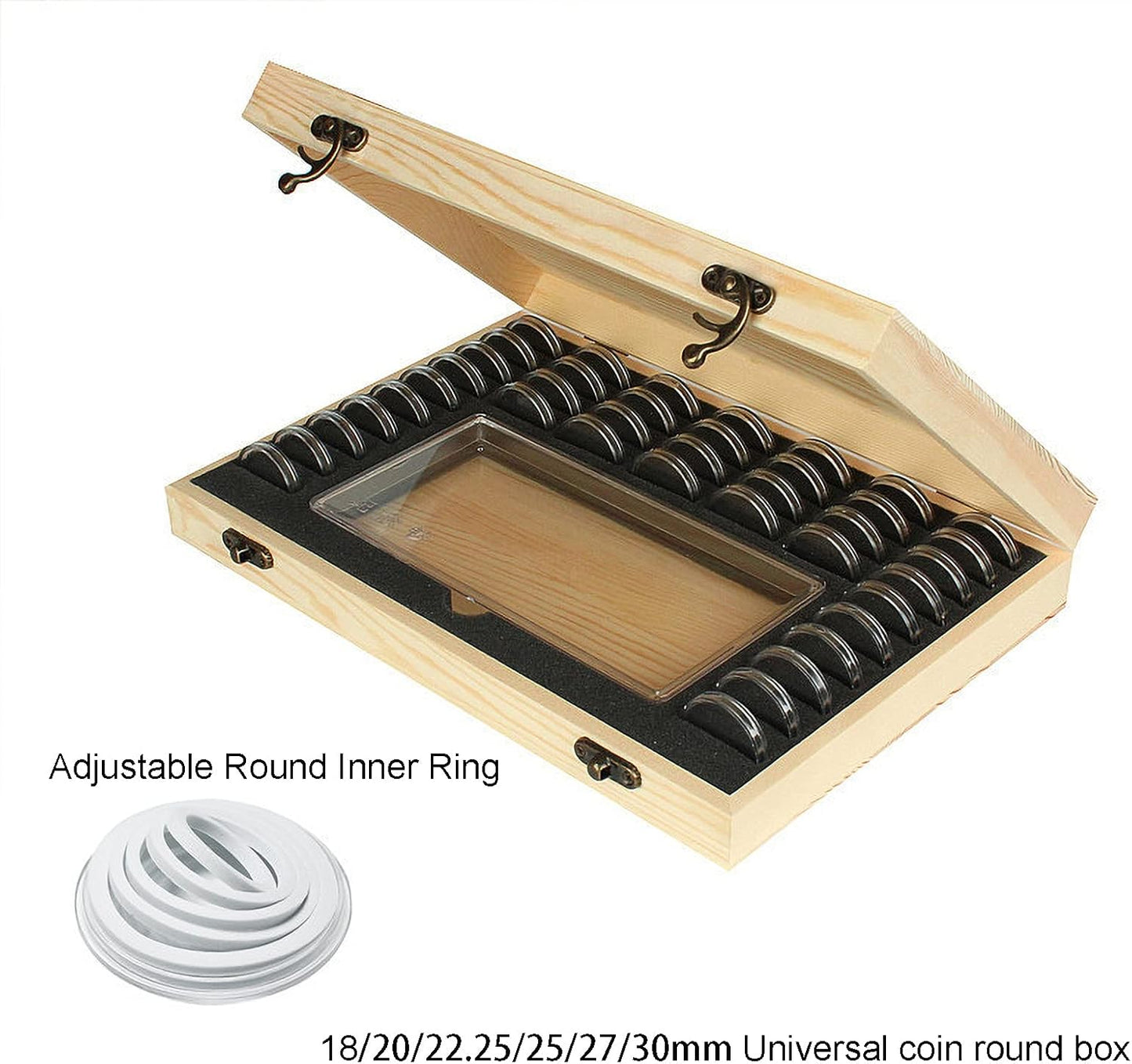 Wooden Coin Capsules Holder Case, Coin Storage Box Banknotes Collection Holder with Lock, Coin Collector Organizer Coin Display Commemorative Case for 40 Coins and 100 Banknotes