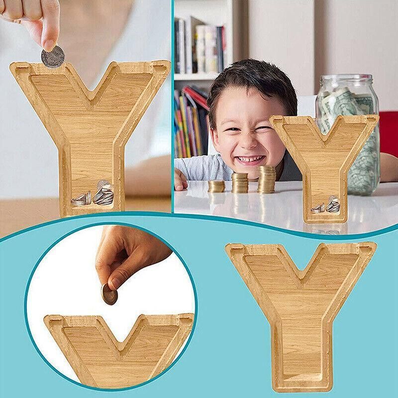 Wooden Piggy Bank Funny Letter or Guitar Coin Saving Money Box A–Z Gift Idea - D