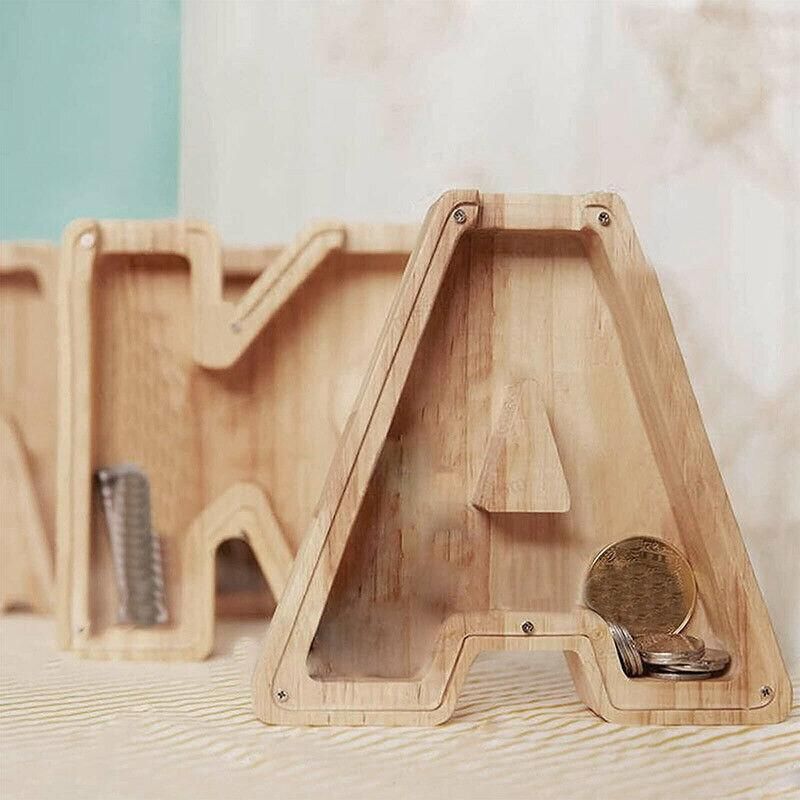 Wooden Piggy Bank Funny Letter or Guitar Coin Saving Money Box A–Z Gift Idea - S