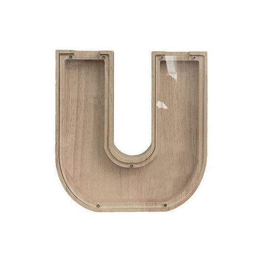 Wooden letter U piggy bank with coin slot on top