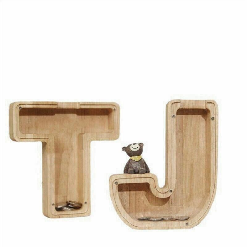 Wooden Piggy Bank Funny Letter or Guitar Coin Saving Money Box A–Z Gift Idea - V