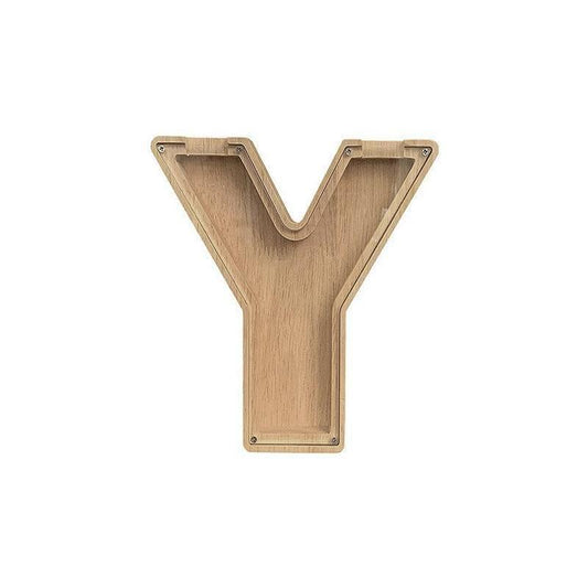 Wooden letter piggy bank in the shape of Y, front view with open coin compartment.