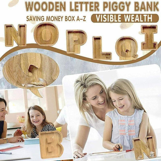 Wooden letter piggy bank set with carved letters, including a round coin slot opening.