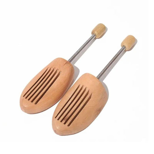 Wooden shoe blocks set with metal spring, ventilated slatted wooden ends, beige tone