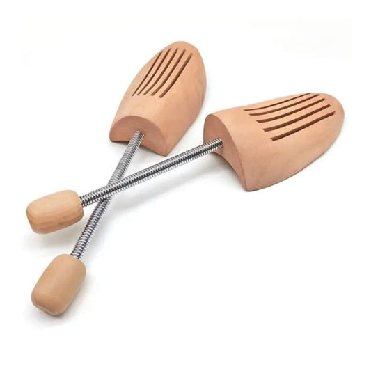 Wooden shoe blocks with long metal spring, slatted ventilated wooden inserts, beige