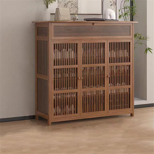 Wooden shoe storage cabinet with three door panels and vertical slat fronts, XL 4-tier look