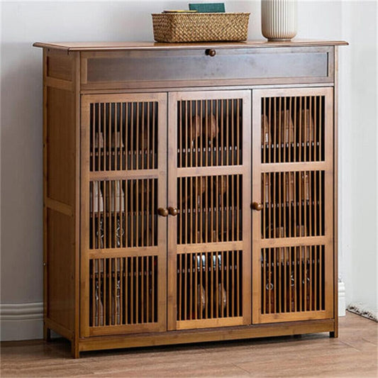 Wooden shoe storage cabinet with top drawer and three slatted door panels