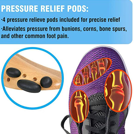Wooden shoe stretcher with black pressure pads on a light wood footplate