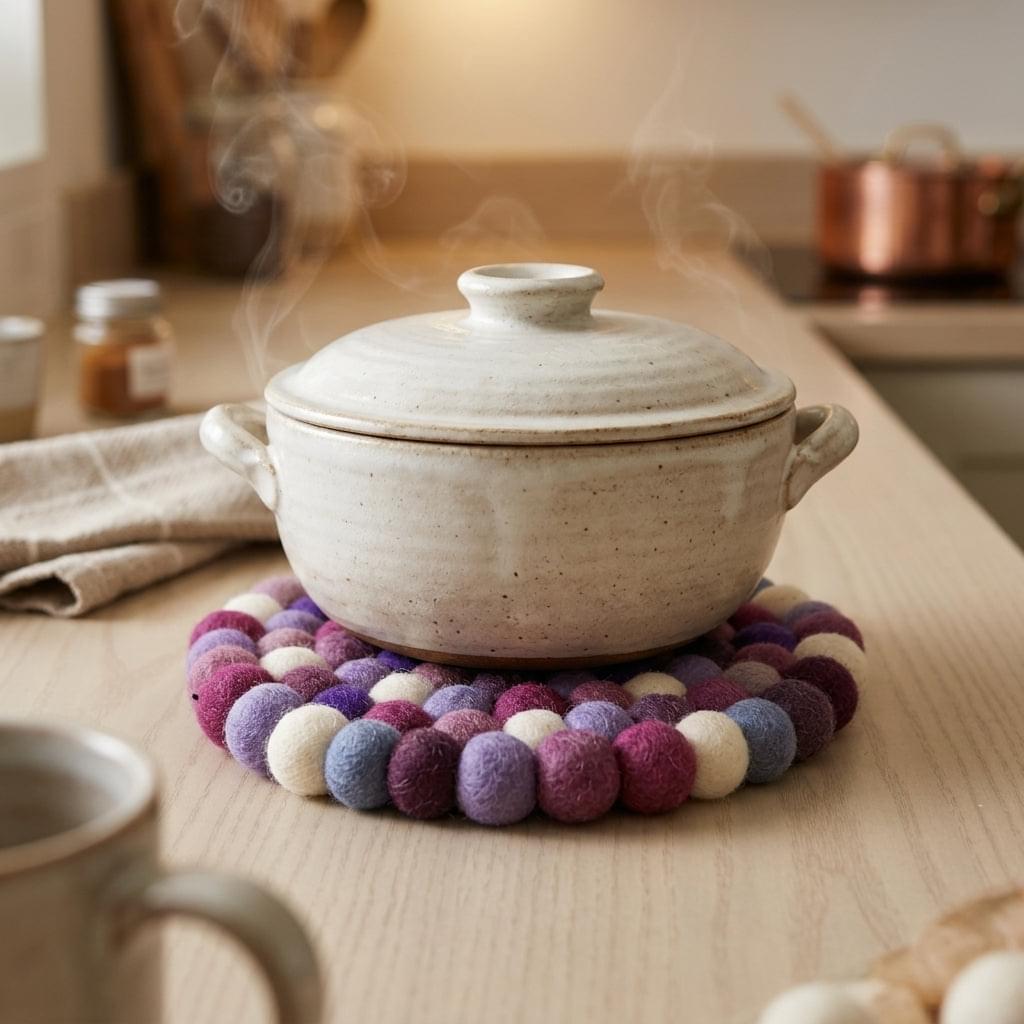 Round wool felt heat mat with raised ball trim in plum, violet, blue, brown, and cream
