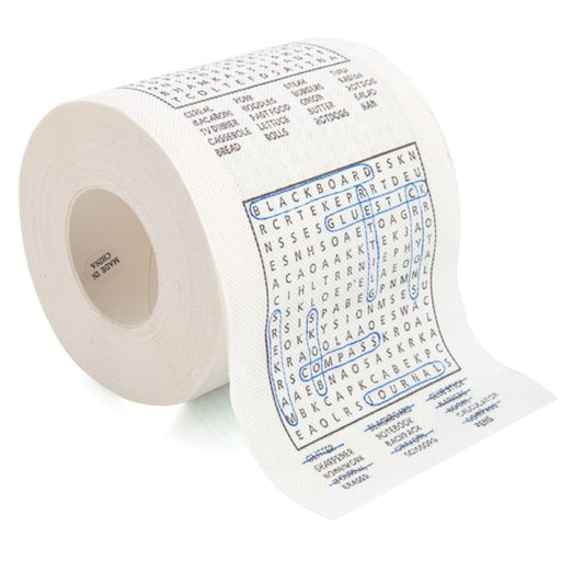 Toilet paper roll with word-search print on the paper strip