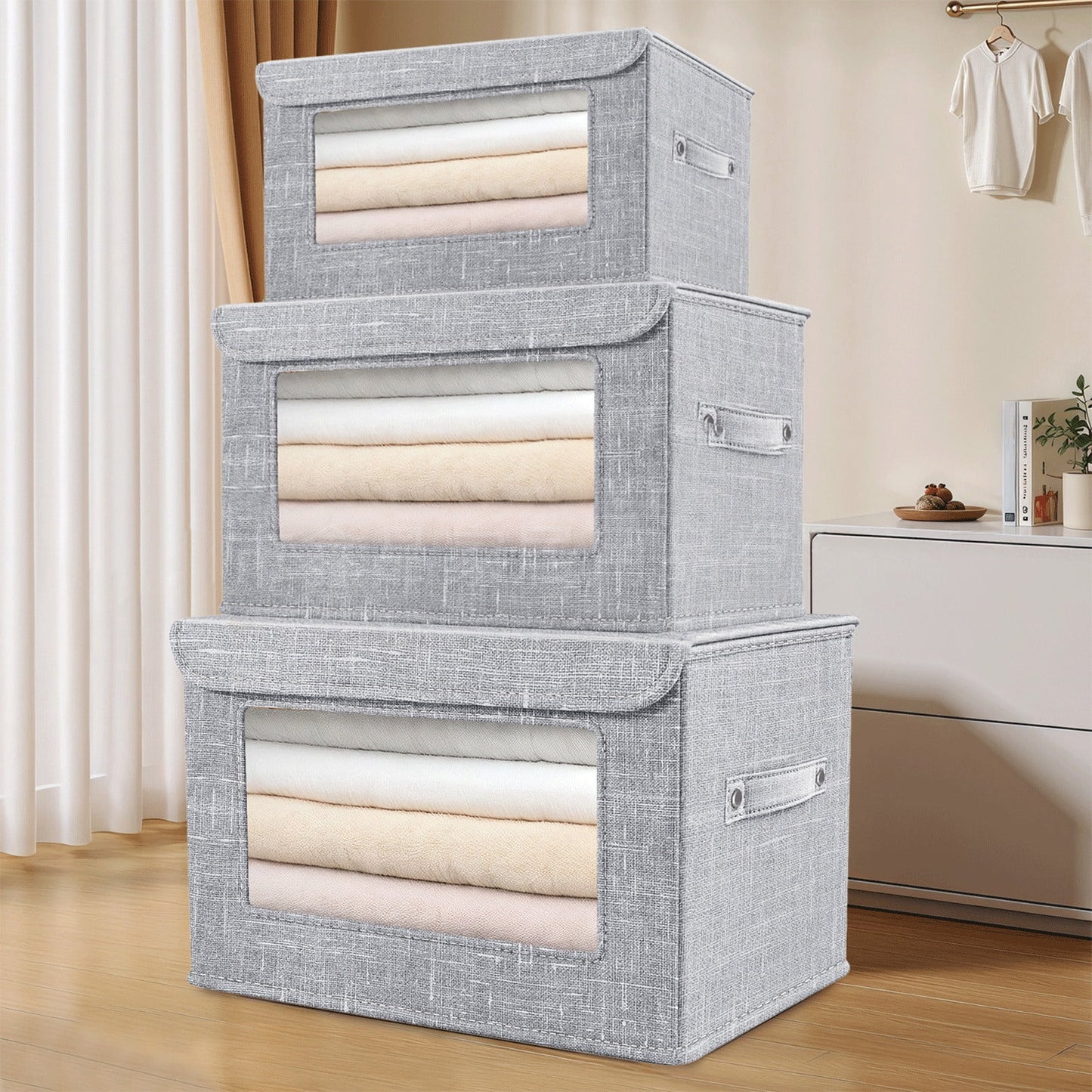 Visible Window Gray Linen Storage Box - Foldable & Durable