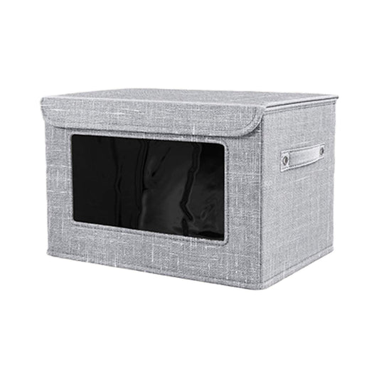 Gray foldable storage box with front window opening and black interior