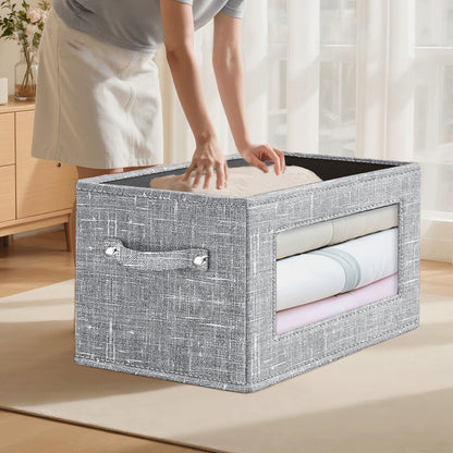 Visible Window Gray Linen Storage Box - Foldable & Durable