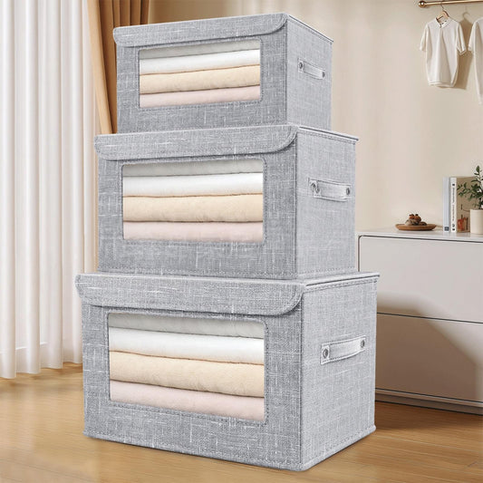Foldable clothes storage bin set with clear window, lid, and side handles in gray fabric