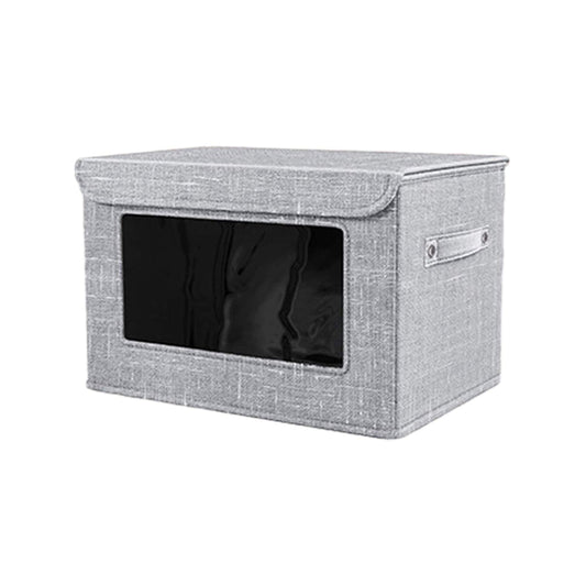 Foldable clothes storage bin with clear window and top lid, gray fabric cube