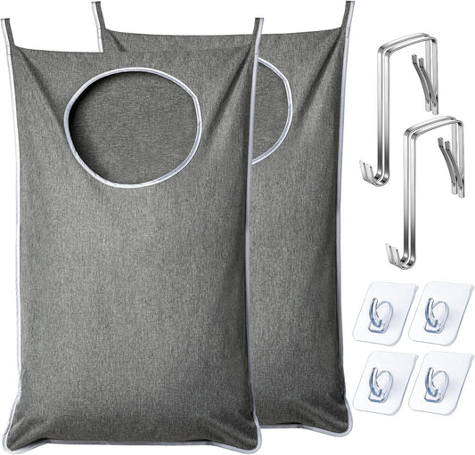 Gray hanging laundry hamper bag with hook set and round fabric opening
