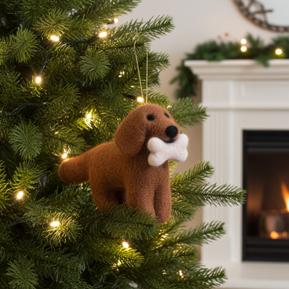 Handmade Wool Felt Golden Retriever Ornament with Bone