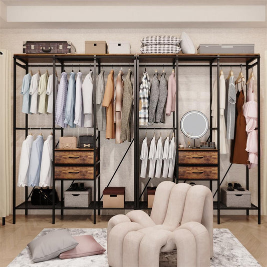 Wardrobe closet with metal frame, hanging rack, shelves, and two drawers