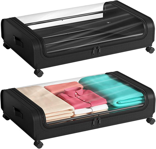 Black rolling under-bed storage bin with clear window and double zipper, on wheels.