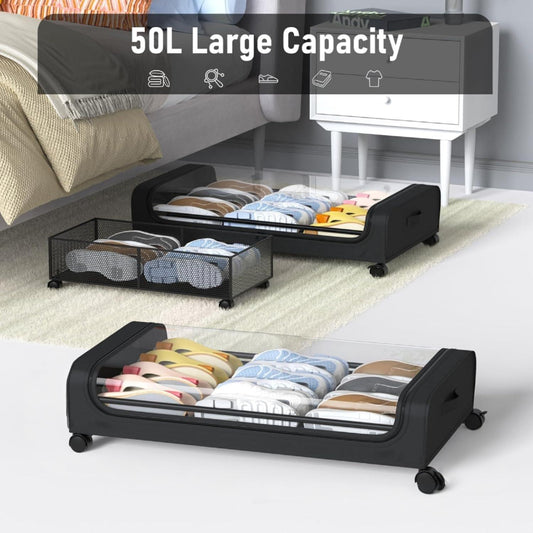 Black rolling under-bed storage bin with clear window, showing folded bedding inside on wheels.