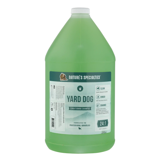 Green dog conditioning shampoo bottle, front label with cleaning icons and 24:1