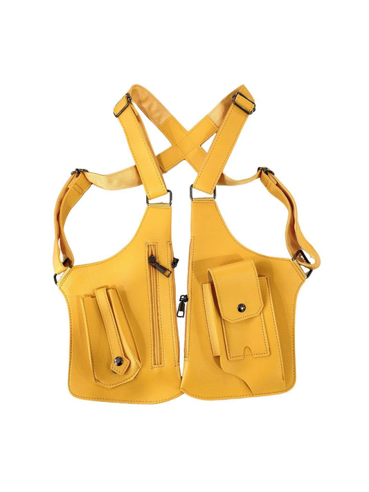 Yellow chest rig bag with crossed shoulder straps and two front utility pouches