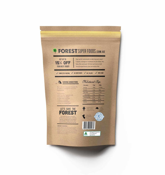 Back of yellow maca root pouch with nutrition panel, barcode, and seals