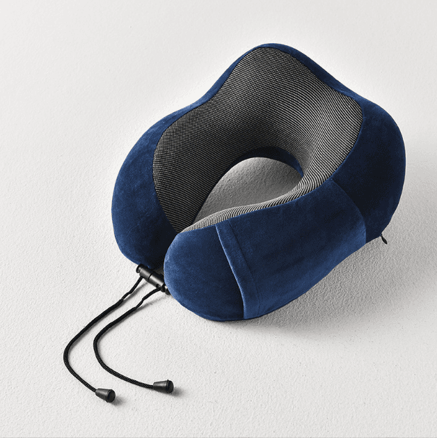 Dark blue U-shaped travel neck pillow with adjustable draw cord