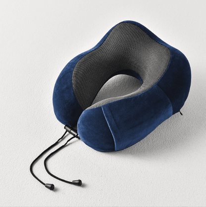 Dark blue U-shaped travel neck pillow with adjustable draw cord