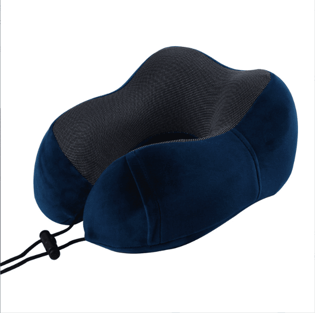 Blue U-shaped travel neck pillow with textured insert and draw cord