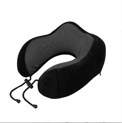 Black U-shaped travel neck pillow with contoured support and draw cord