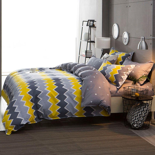 Super king duvet quilt cover set with gray, yellow zigzag and star patterned bedding