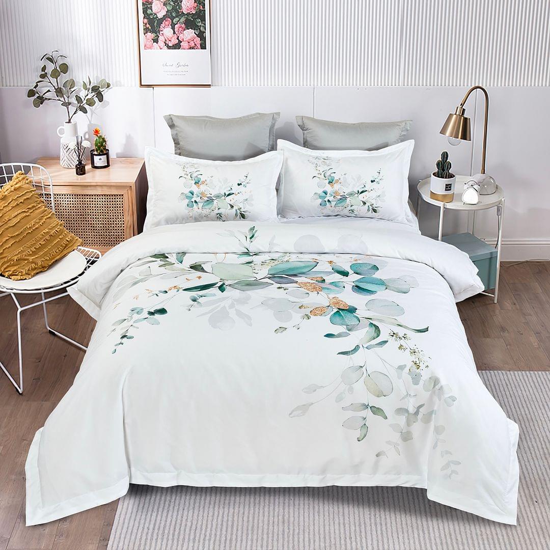 King quilt cover set with white base and teal floral eucalyptus print