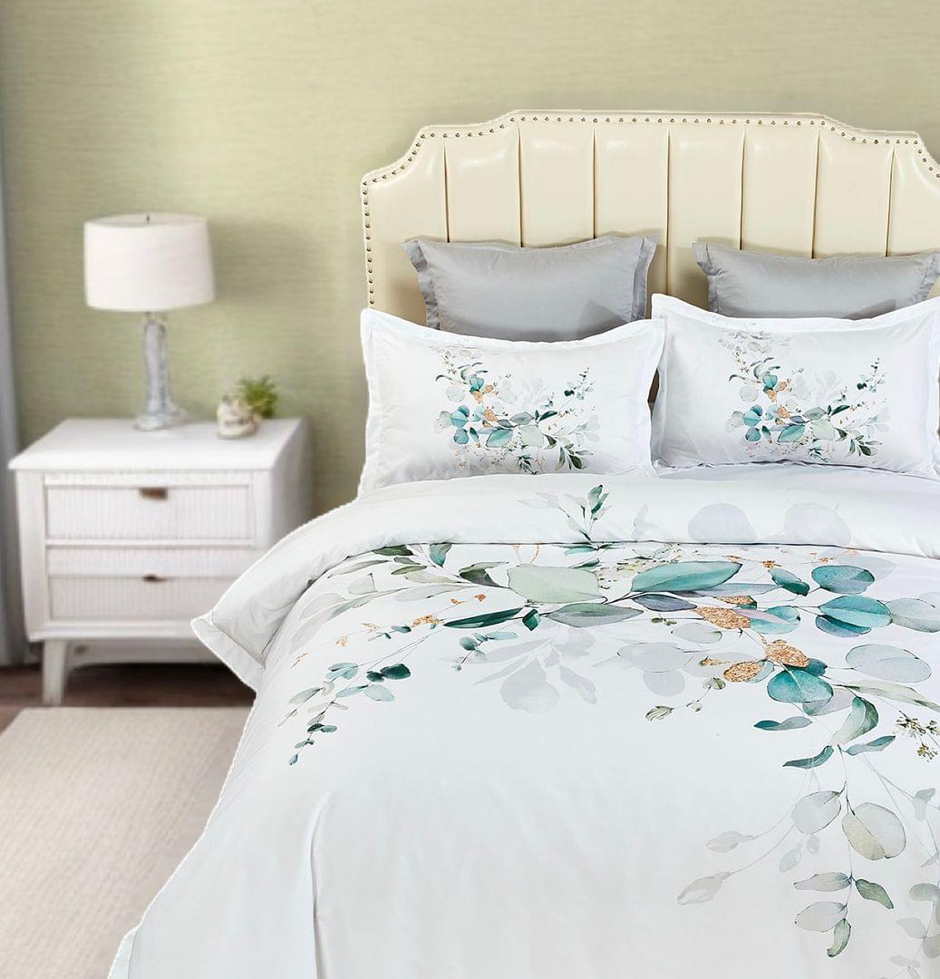 Queen quilt cover set with white duvet cover and teal floral leaf print on pillowcases