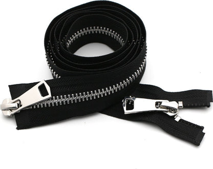 Zipper - Pack of 2 - Two-way zipper - Double slider - Divisible - Silver teeth - Black, silver - No. 5 70 cm - For jackets and coats