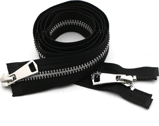 Two-way black zipper tape with silver teeth and two metal sliders, pack of 2