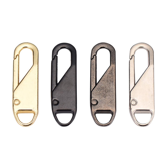 Zipper pull tabs set: gold, black, gray, and silver oval handles with rings