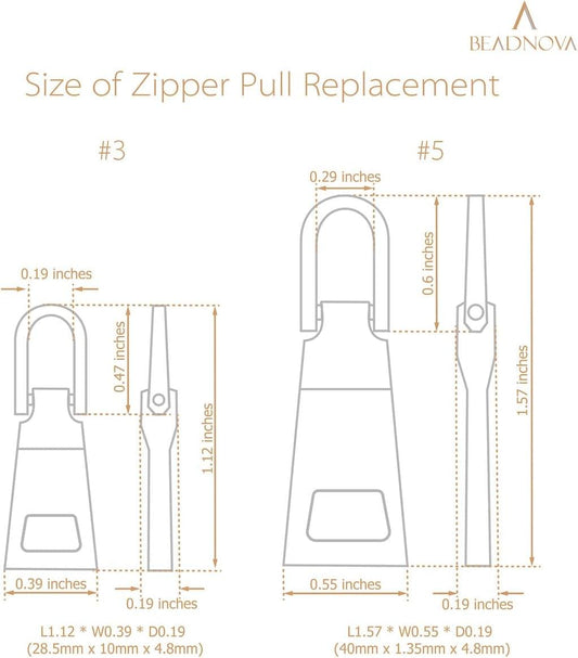 Zipper pull replacement size chart for tabs #3 and #5, with key measurements