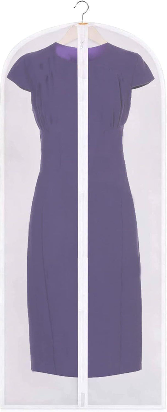 Large zippered garment bag with purple dress inside on wooden hanger