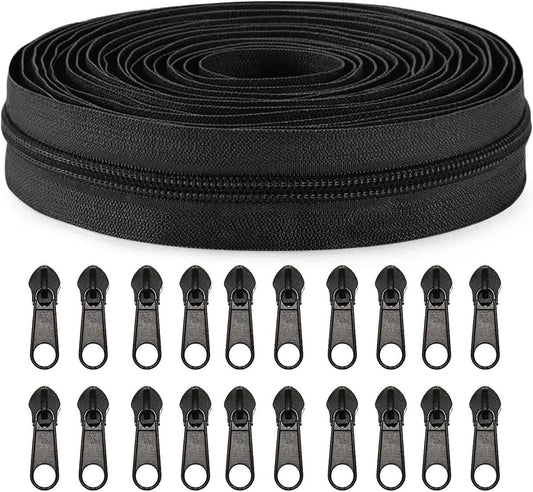 Black nylon zipper roll with metal pulls and 20 replacement zipper ends
