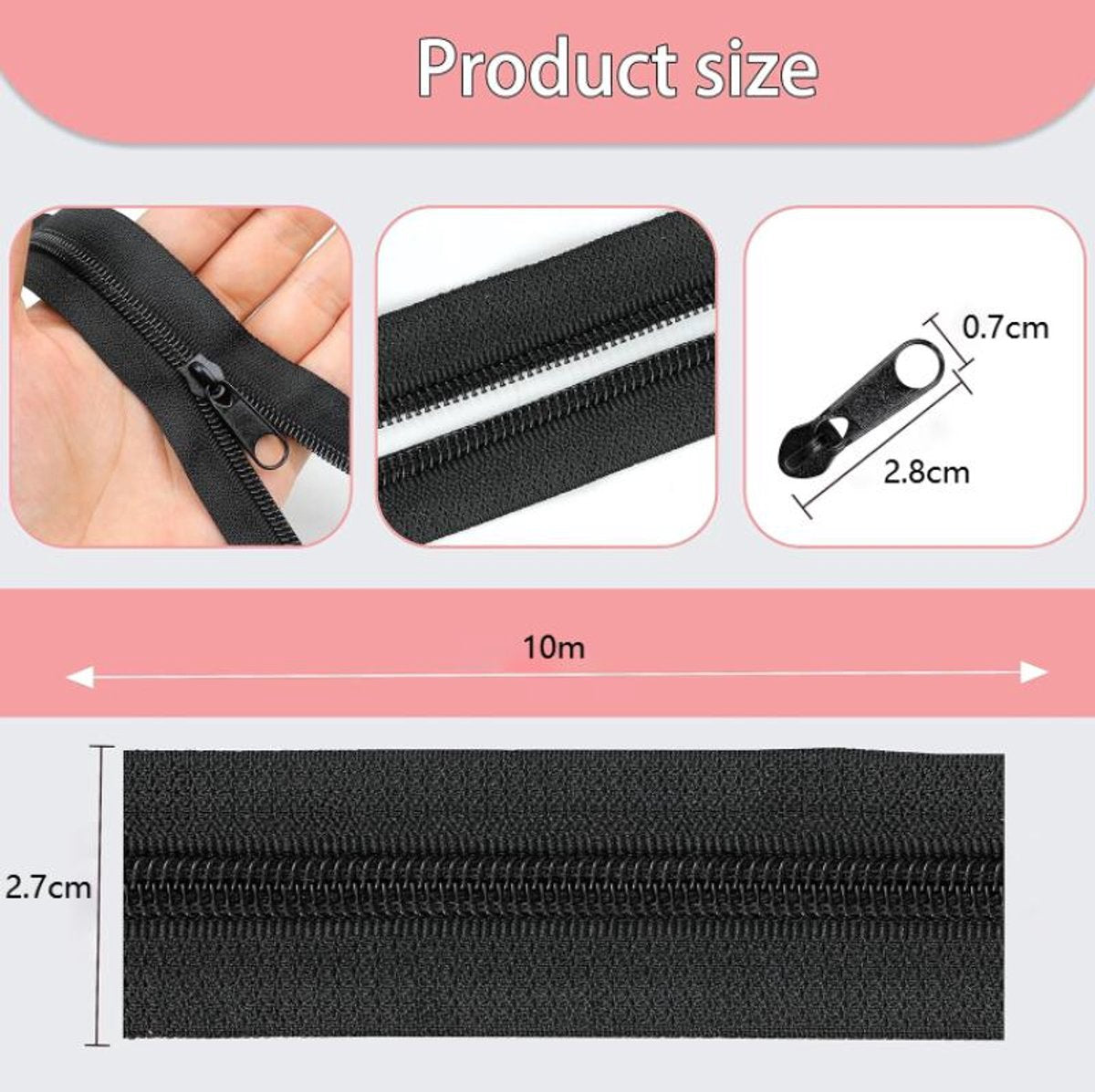 Zippers - 1 Roll - Zipper - Includes 20 Replacement Zippers - Nylon - Metal - Replacement Zipper Set - Zipper Closure Repair Kit - Suitable for Bags, Clothing and Bedding - 10m*2.7cm - Black